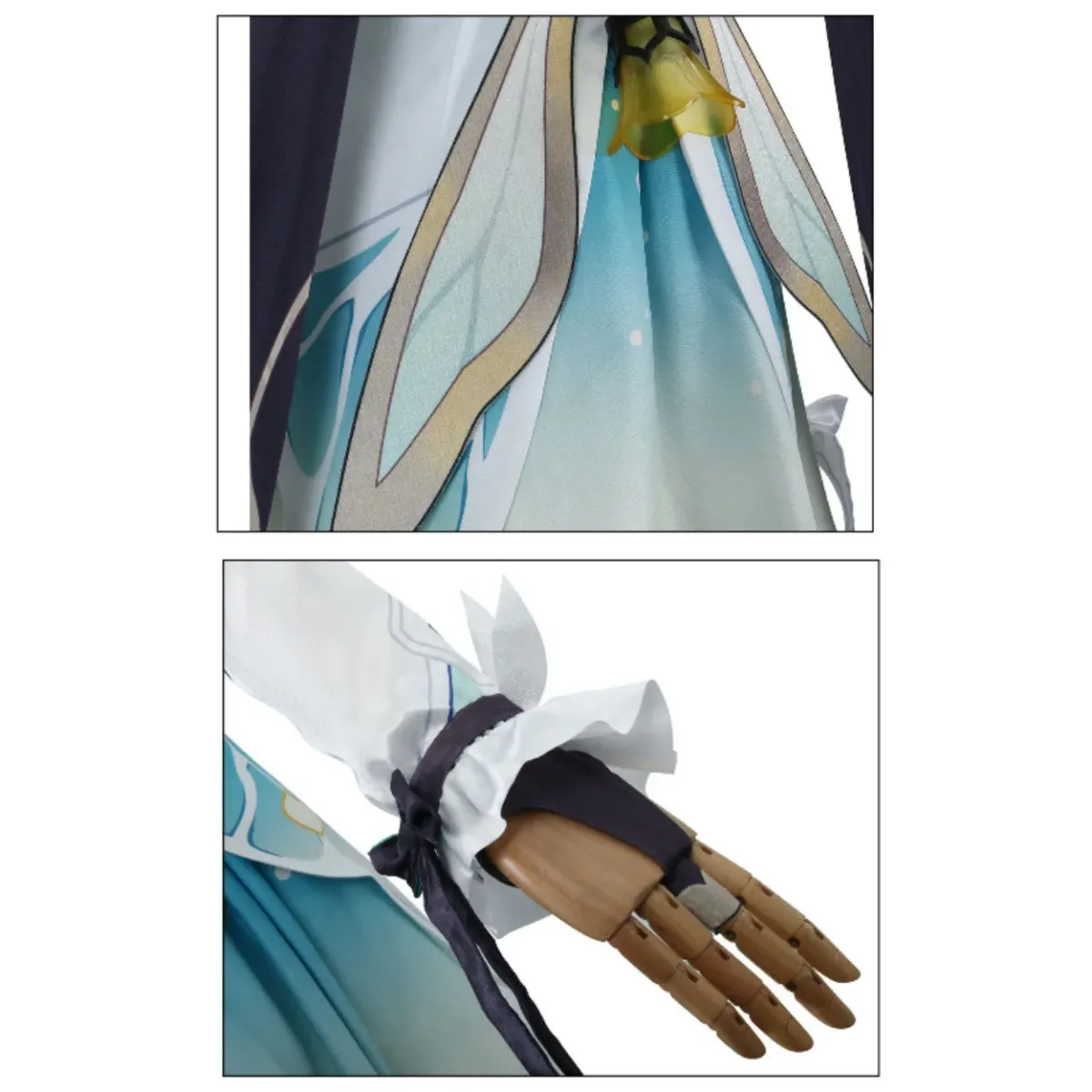 Close-up of light blue pleated skirt panels with white and teal fabric accents