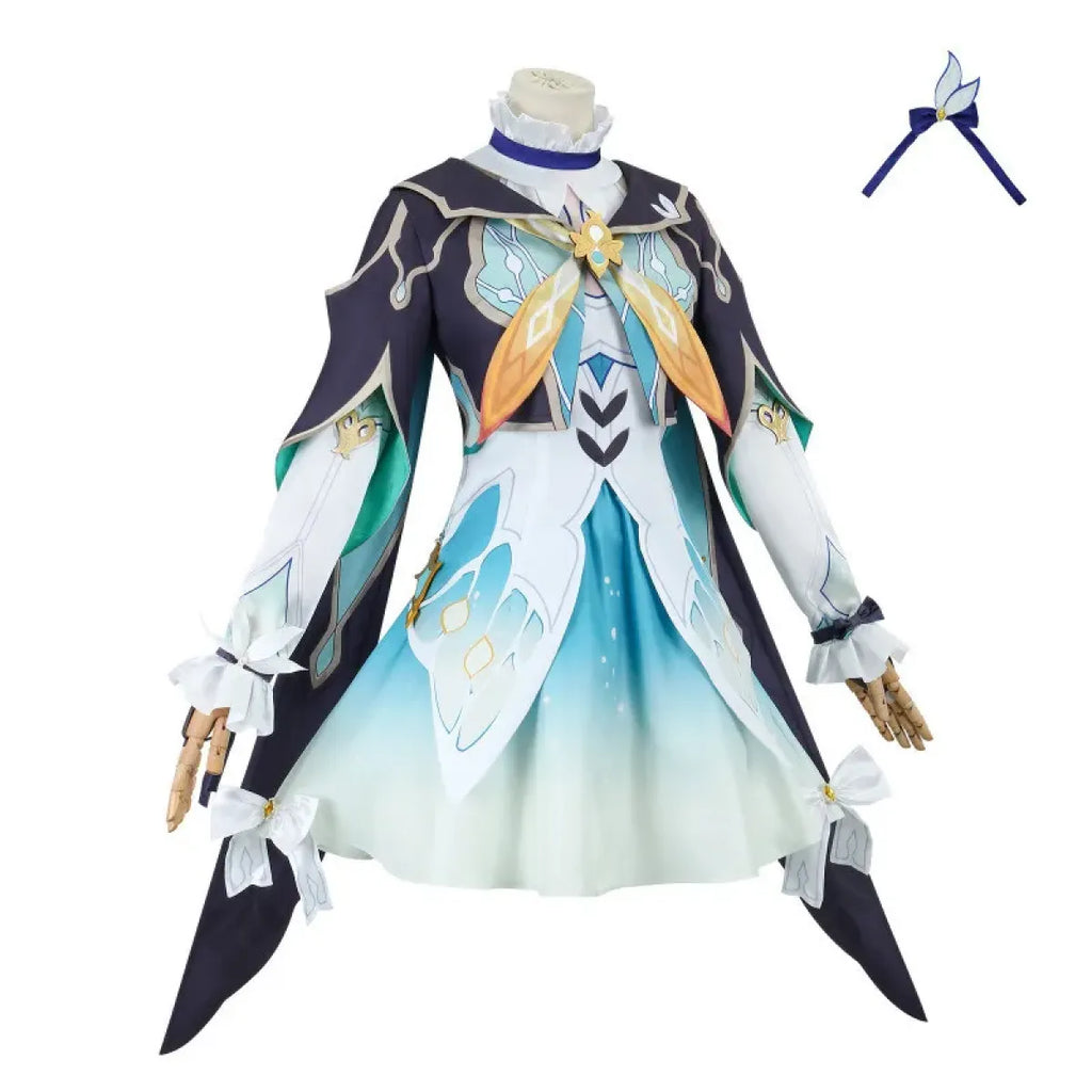Cosplay long coat and light blue dress with ornate gold bow front and cape tails
