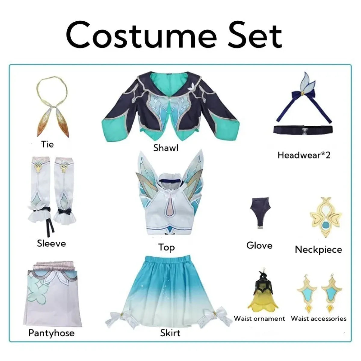 Cosplay costume set components: top, skirt, shawl, gloves, necklace, headwear, tie, pantyhose