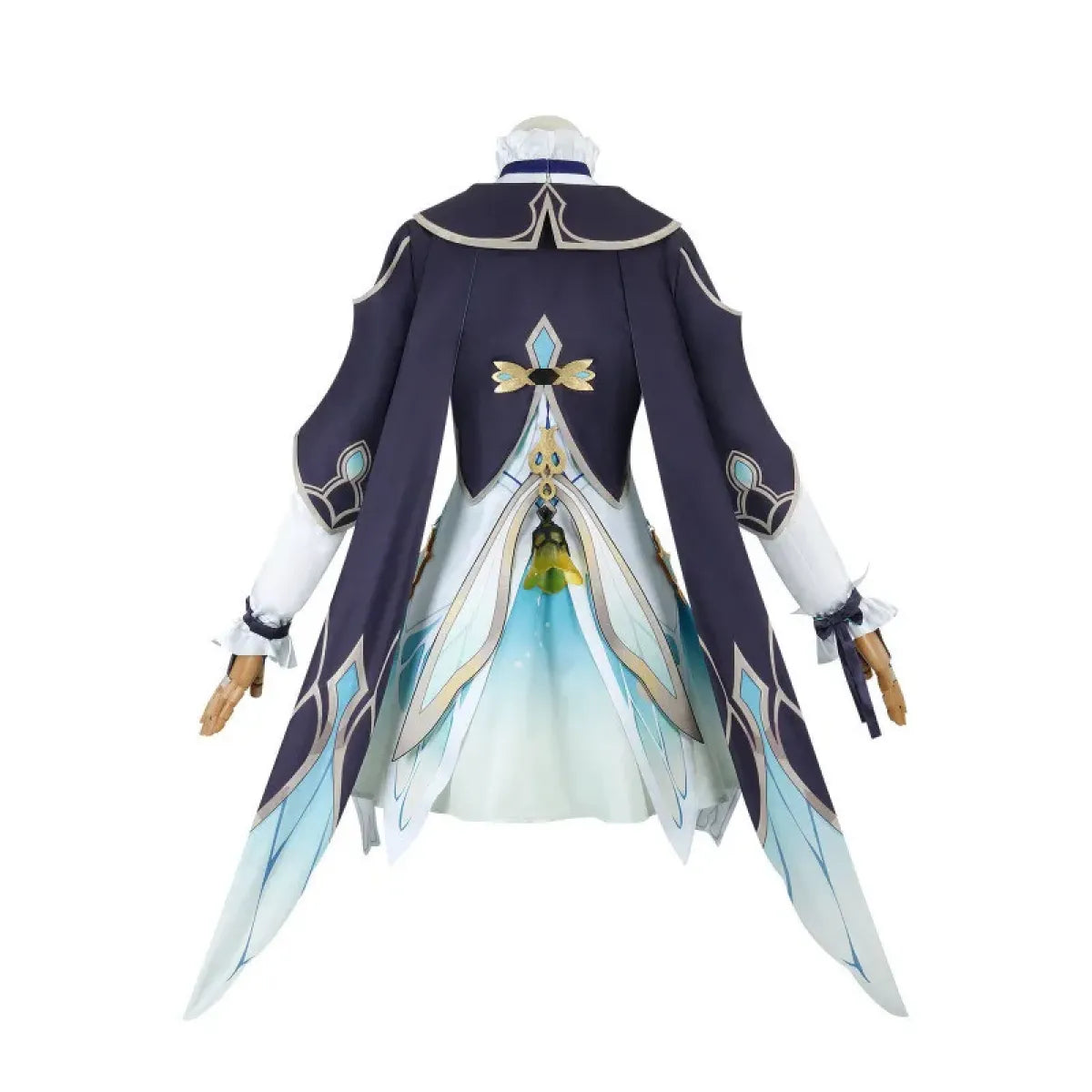 Back view of navy-and-aqua cosplay coat with flowing white-blue panels and gold emblem