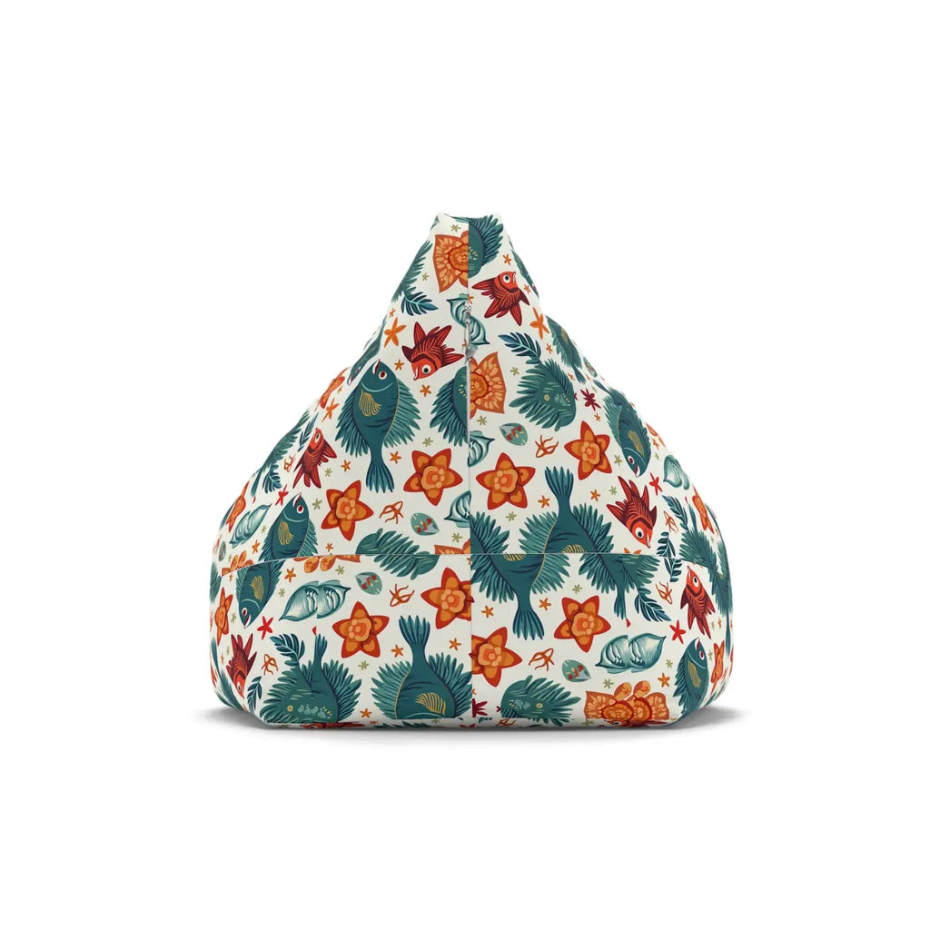 Bean bag chair cover with fish and plant motif on white fabric, centered front view