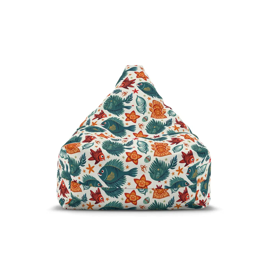 Bean bag chair cover with fish, flowers, and leaf pattern on white background, upright triangle