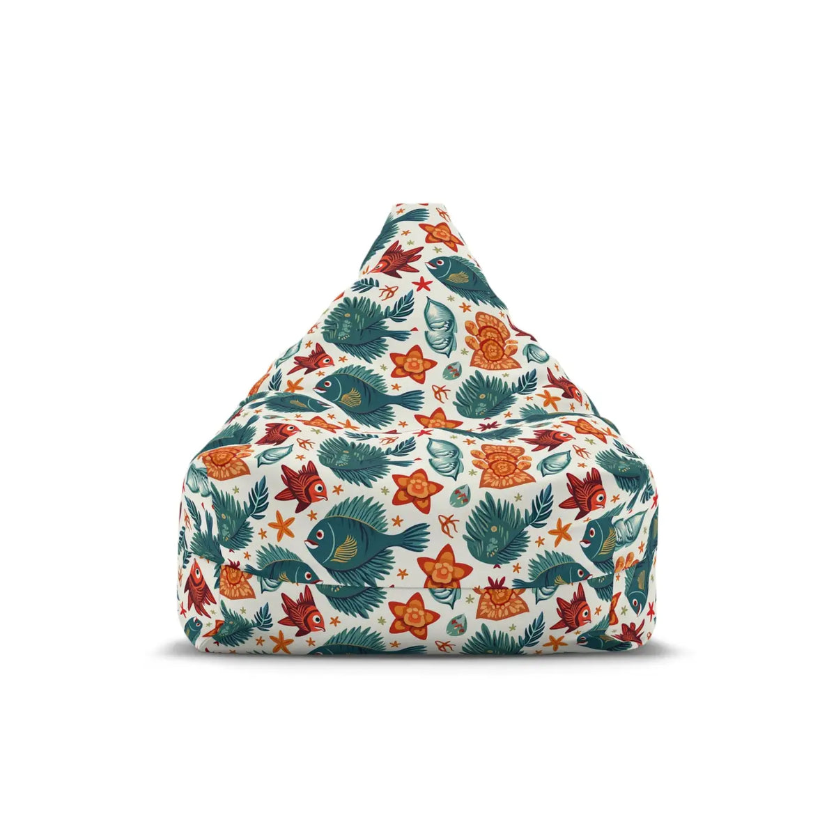 Bean bag chair cover with fish, flowers, and leaf pattern on white background, upright triangle