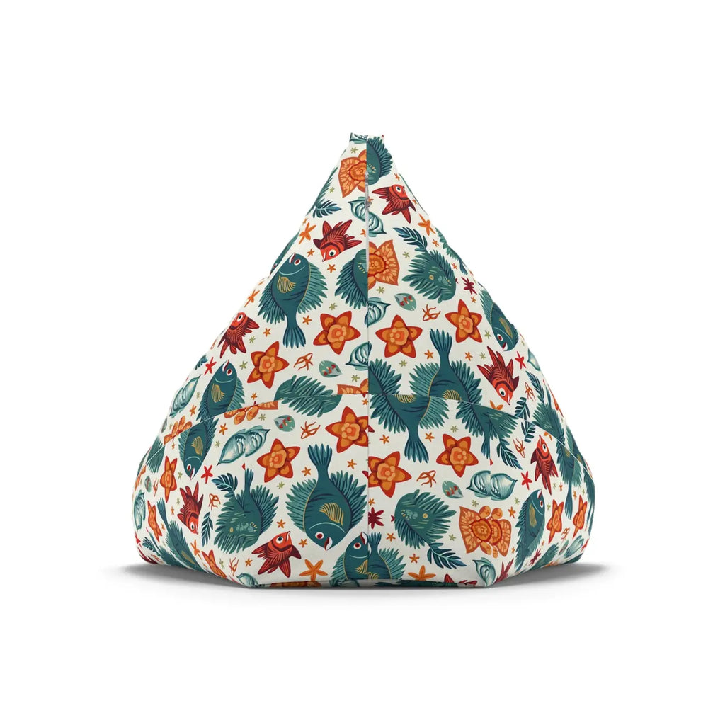 Bean bag chair cover with fish and plant motif, white base fabric in triangular back angle