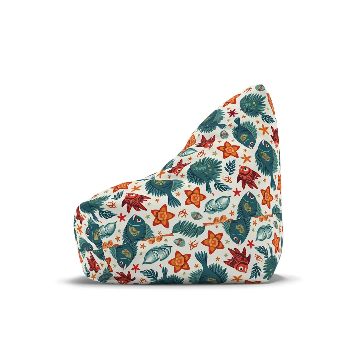 Bean bag chair cover with colorful fish and starfish pattern, triangular shape