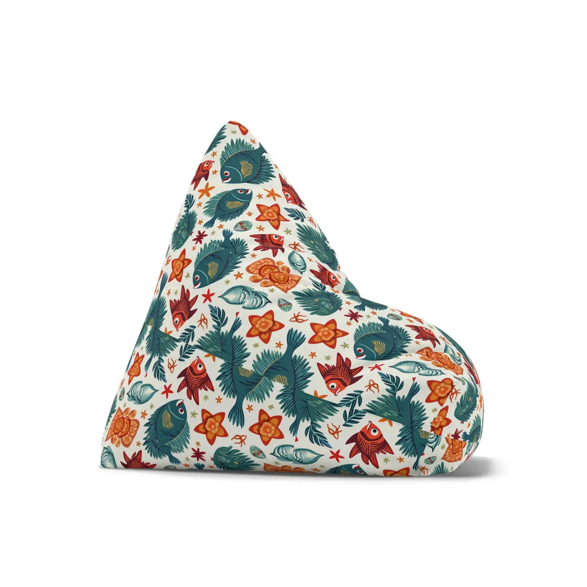 Bean bag chair cover in white with colorful fish and flower pattern, angled side view