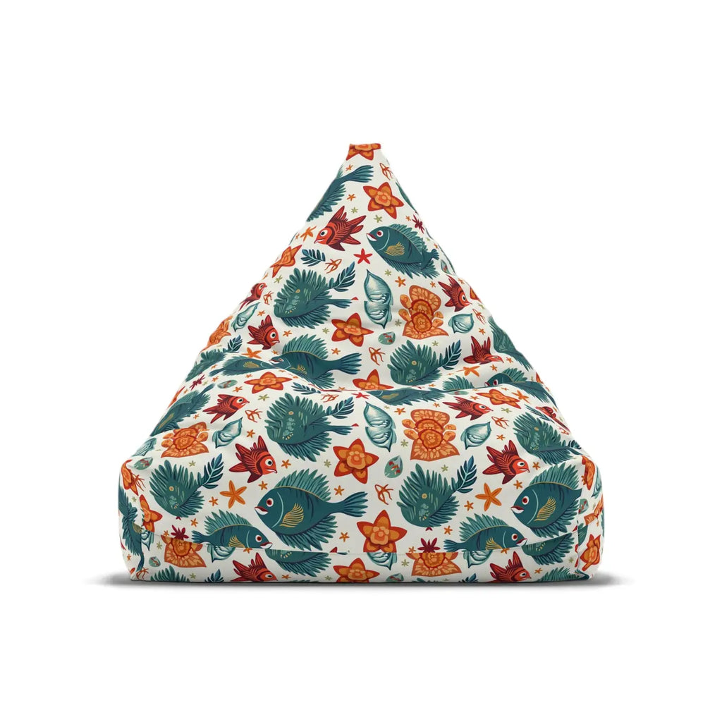 Bean bag chair cover in white with colorful fish and sea life pattern, full front view