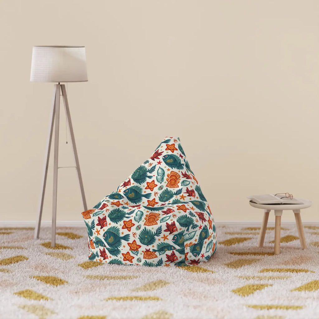 Bean bag chair cover, white base with teal fish and orange starfish print