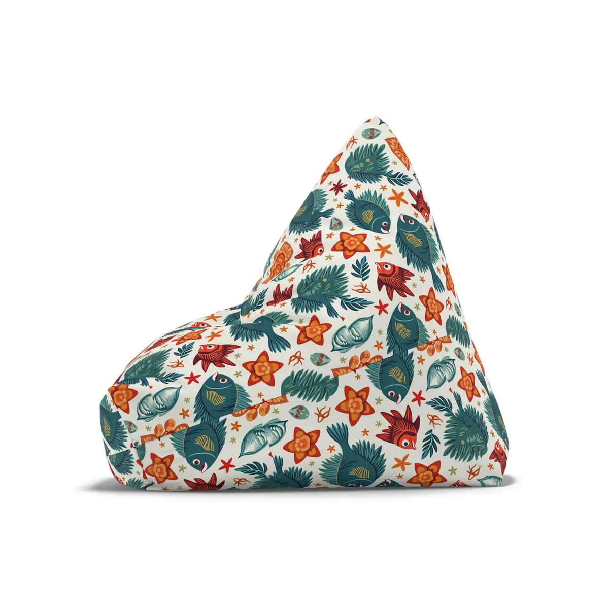 Bean bag chair cover with fish and leaf pattern on white fabric, angled side profile