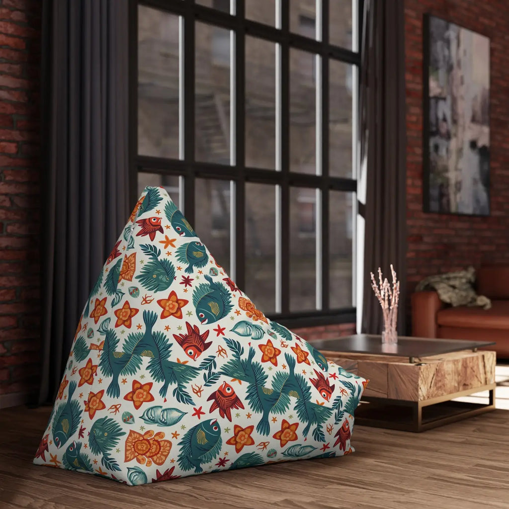 Bean bag chair cover in white with colorful fish and plant pattern, large triangular shape