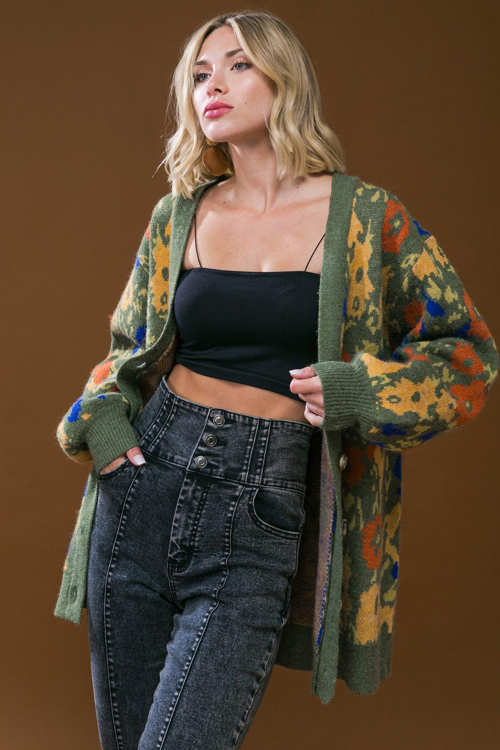 Olive multicolor abstract cardigan with V-neck, button front, long sleeves