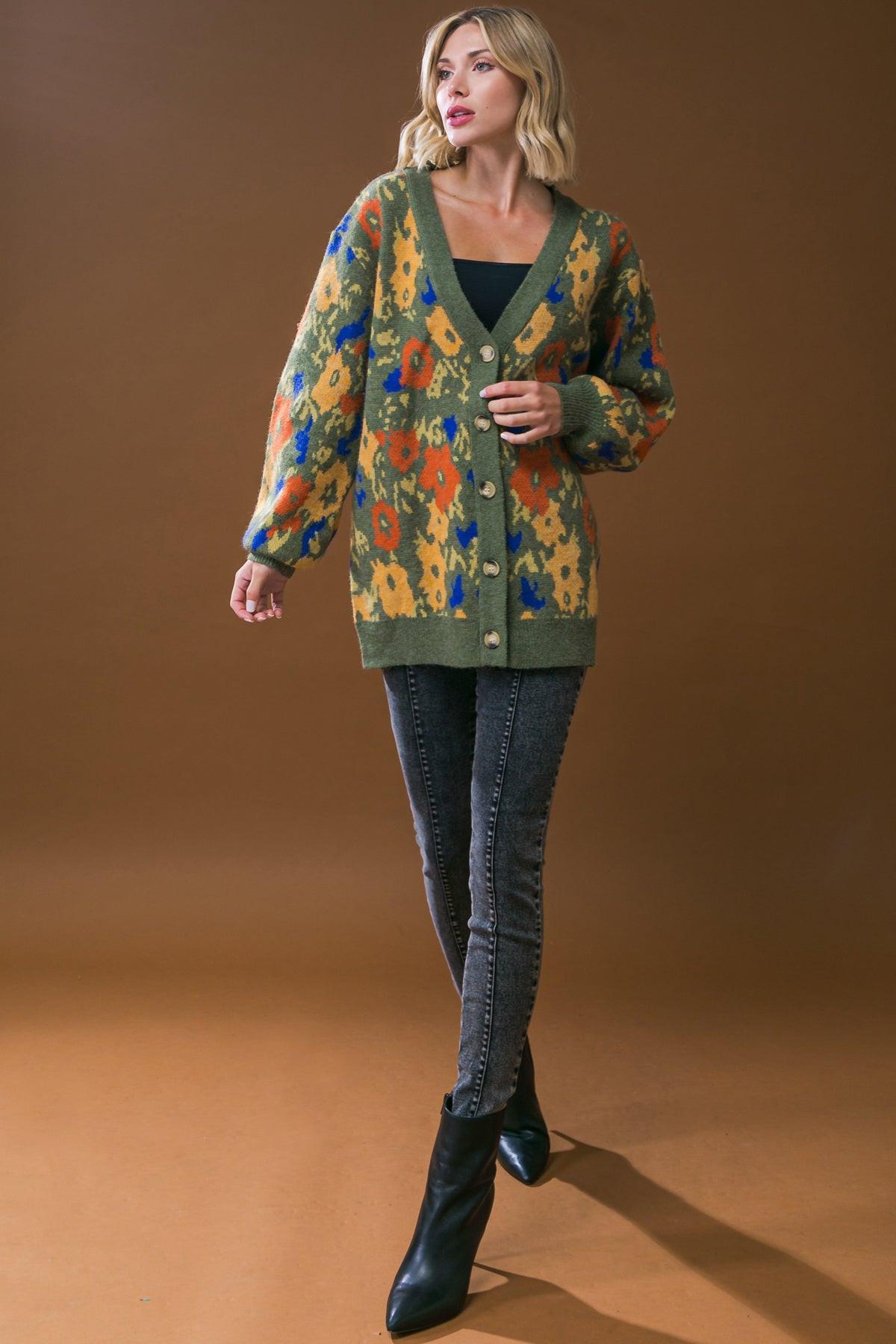 Olive patterned cardigan sweater, V-neck and button front with long sleeves