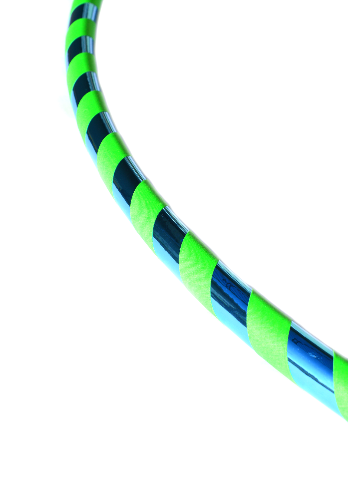 Green and blue holographic hula hoop with striped tape wraps and foam grip sections