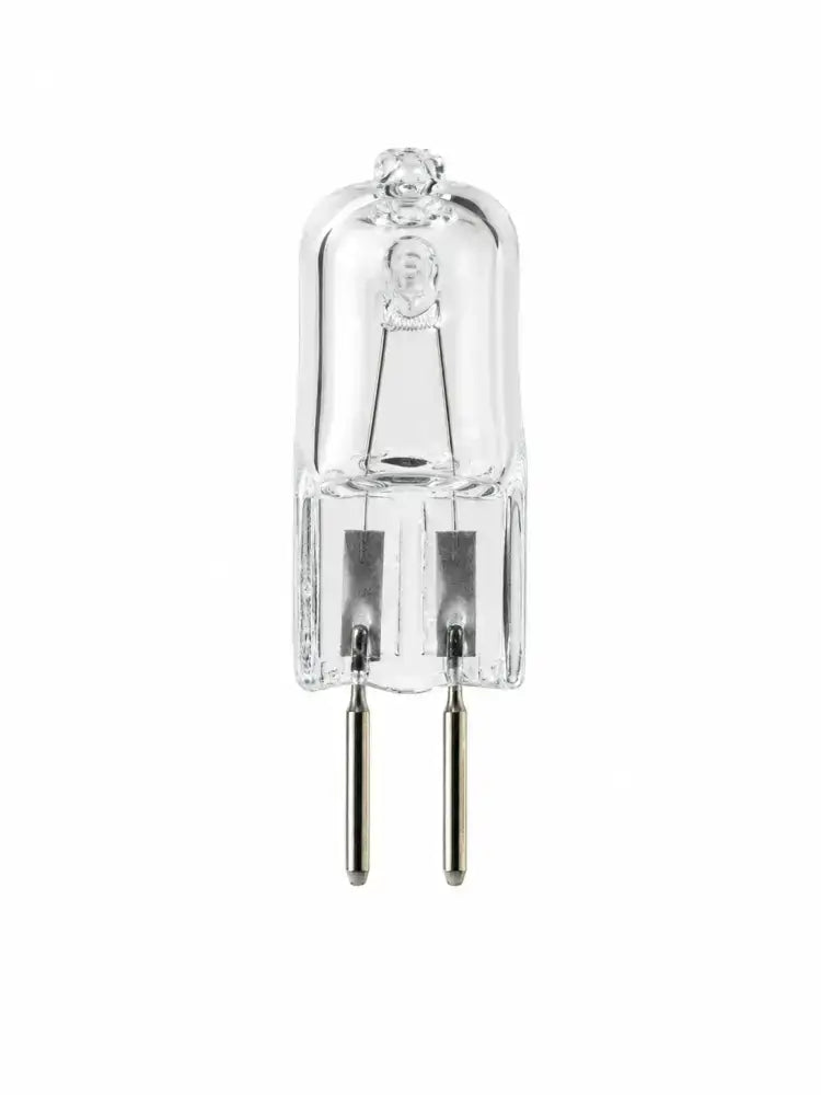 Halogen replacement bulb with clear glass envelope and two metal pins