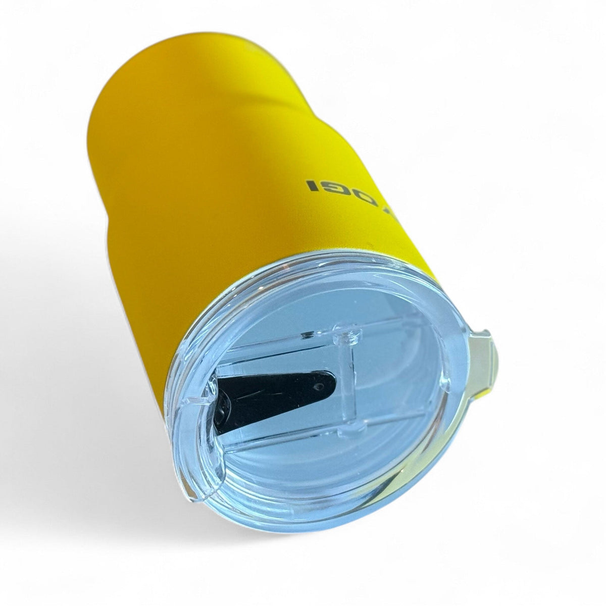 Flip-top replacement lid for 12oz cup, clear plastic with black latch, on yellow cup