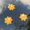 Star-shaped yellow floating beeswax candles, three with lit flames on water