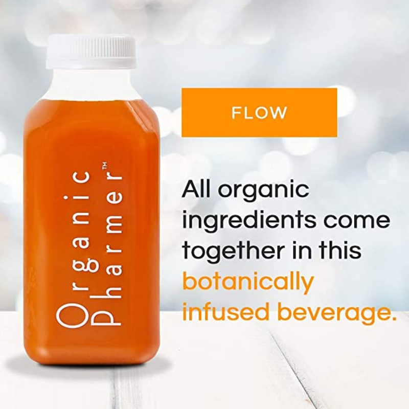 Orange beverage bottle with white cap and FLOW branding on label; minimalist graphic text.