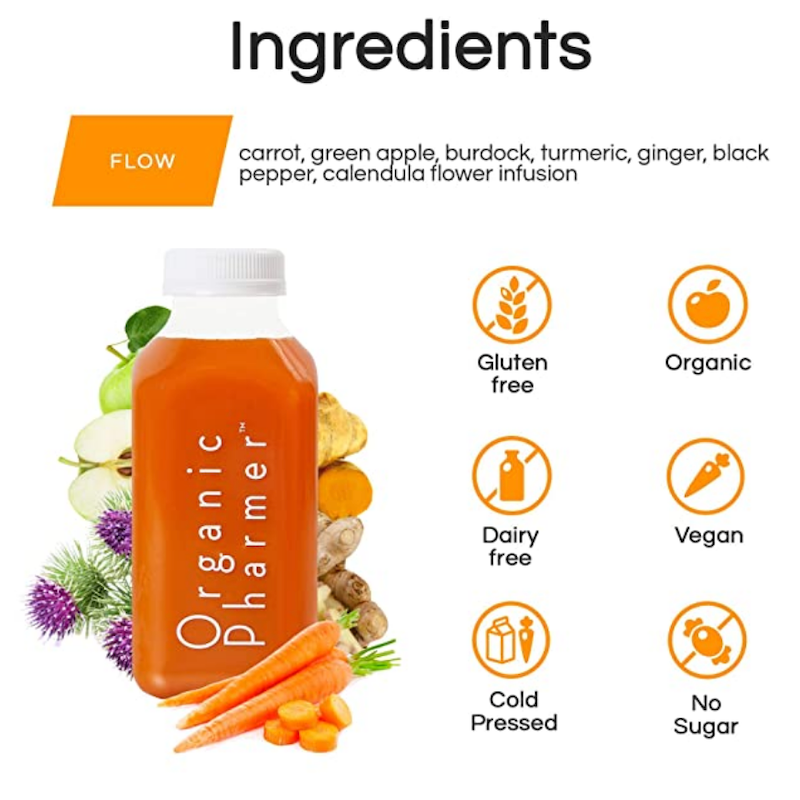 Organic beverage bottle with ingredients list graphic and icons like gluten-free, vegan.