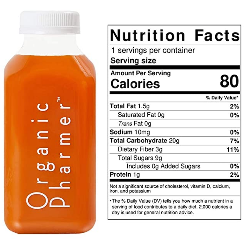 Orange beverage bottle with Nutrition Facts panel showing calories and nutrients.