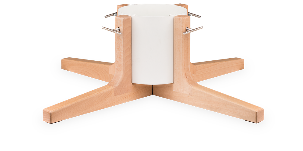 Medium white Christmas tree stand with wooden cross base and metal feet