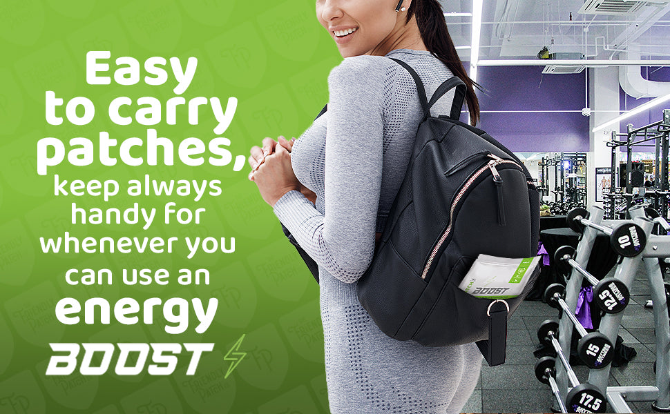 Woman with a black gym bag carrying BOOST patch pack; easy to carry message
