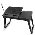 Black laptop cooling fan table with fan grille top, side mouse tray, and folding legs