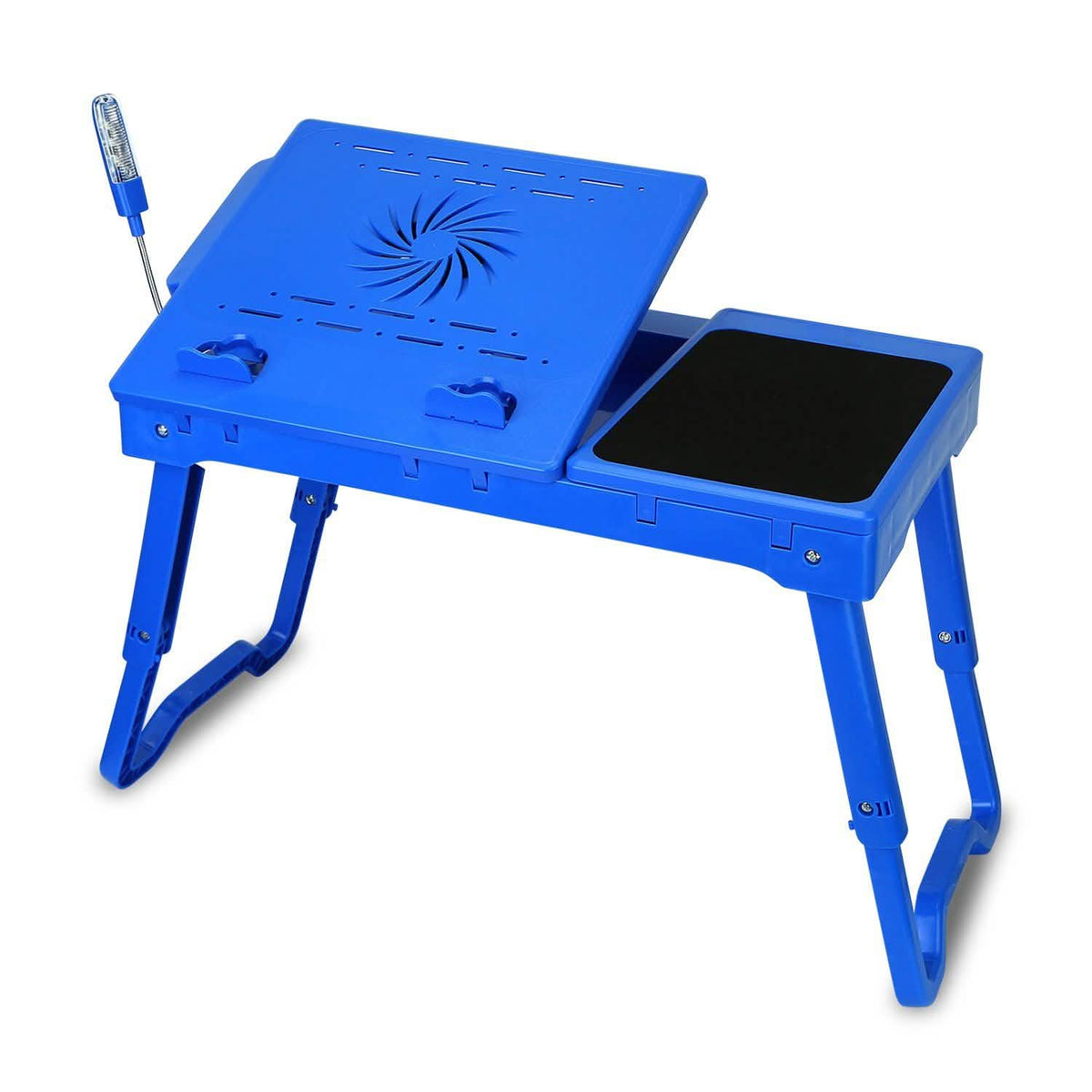 Blue foldable laptop cooling fan table with vented top panel and built-in mouse tray