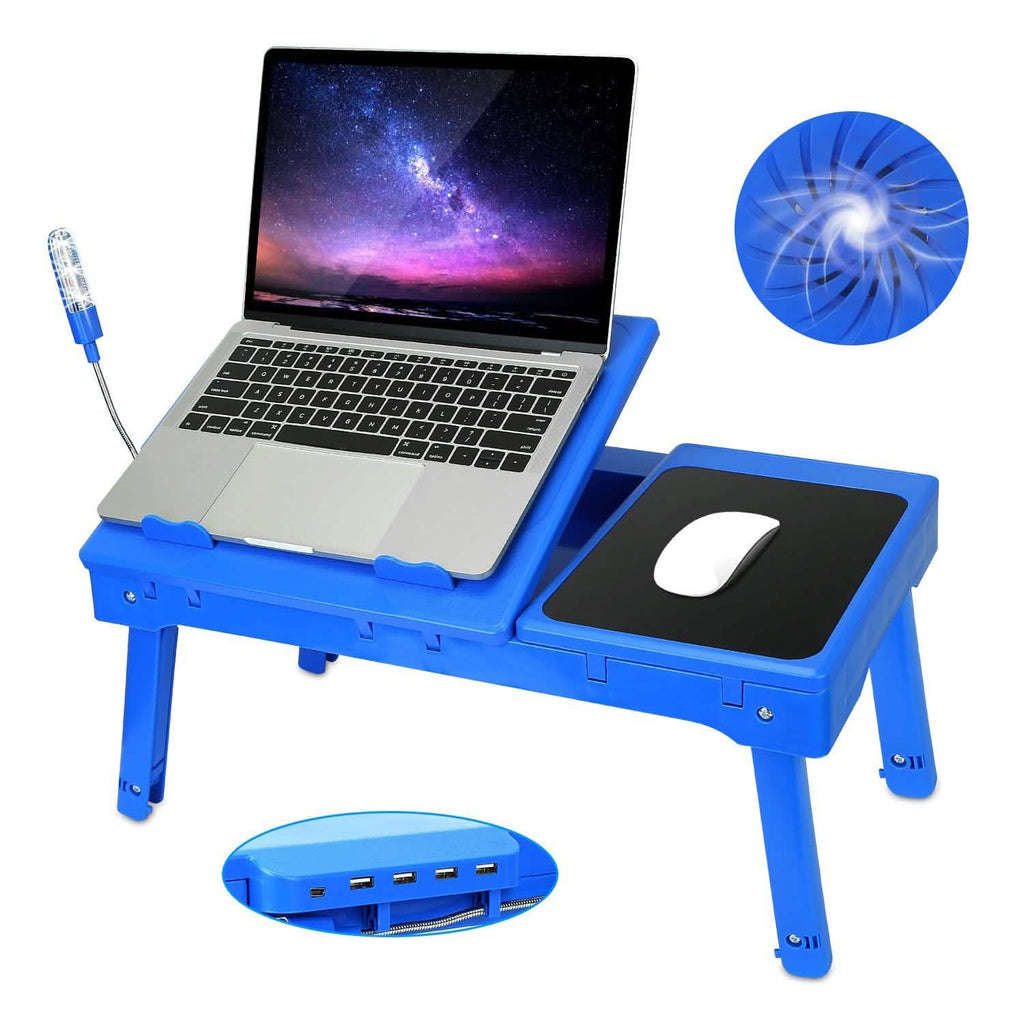 Blue foldable laptop cooling fan table holding laptop and mouse pad with USB ports
