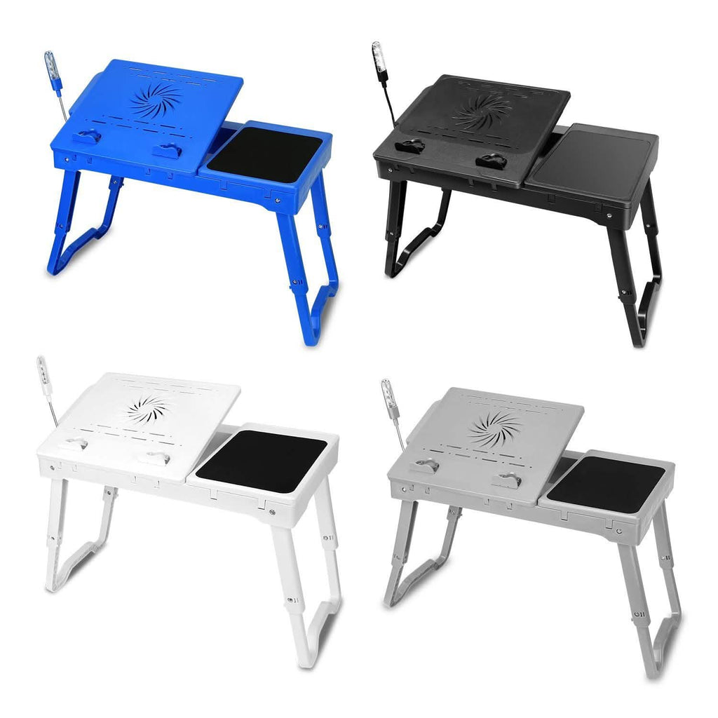 Set of foldable laptop cooling tables in blue and black with adjustable legs