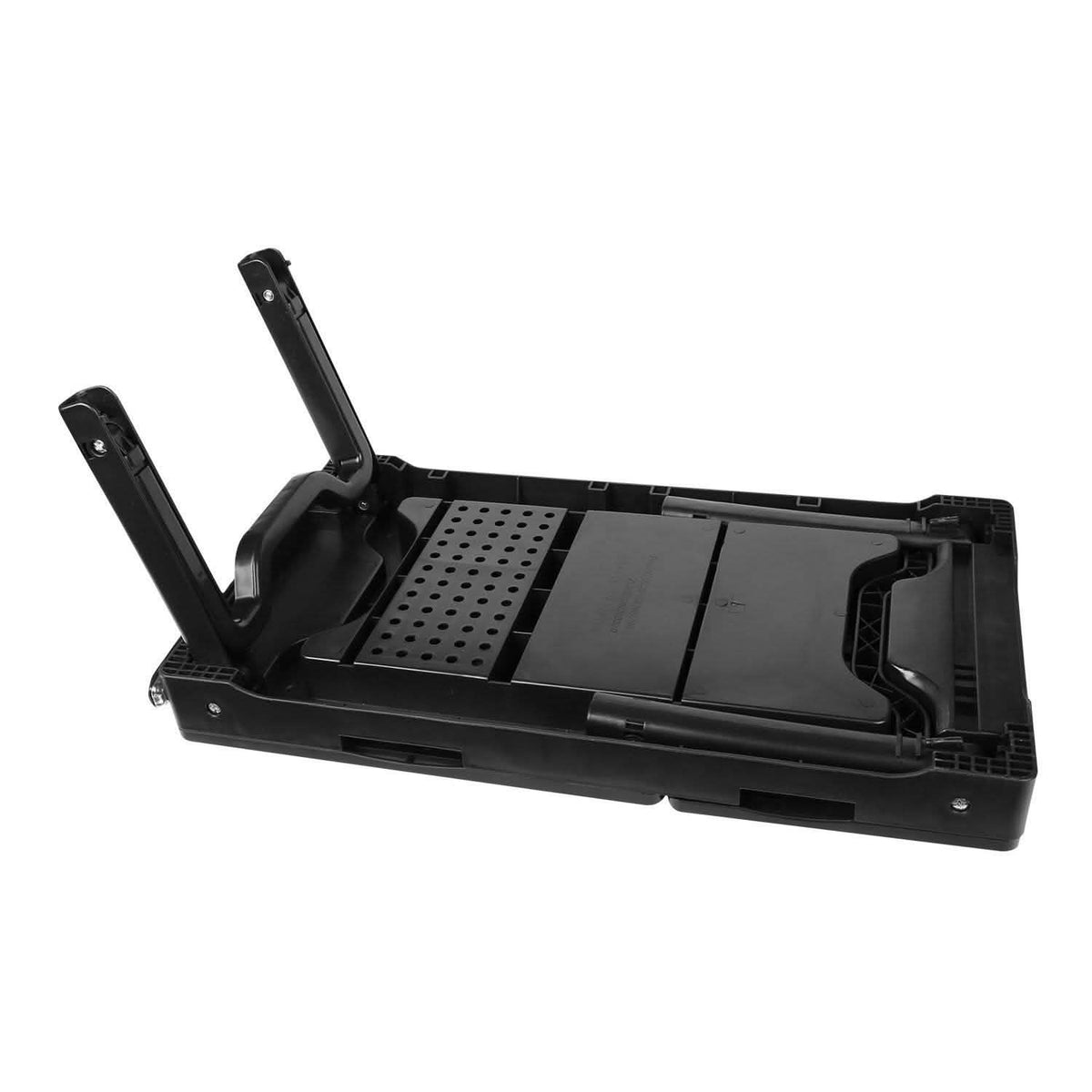 Black foldable laptop cooling fan table viewed from side with vented base deck