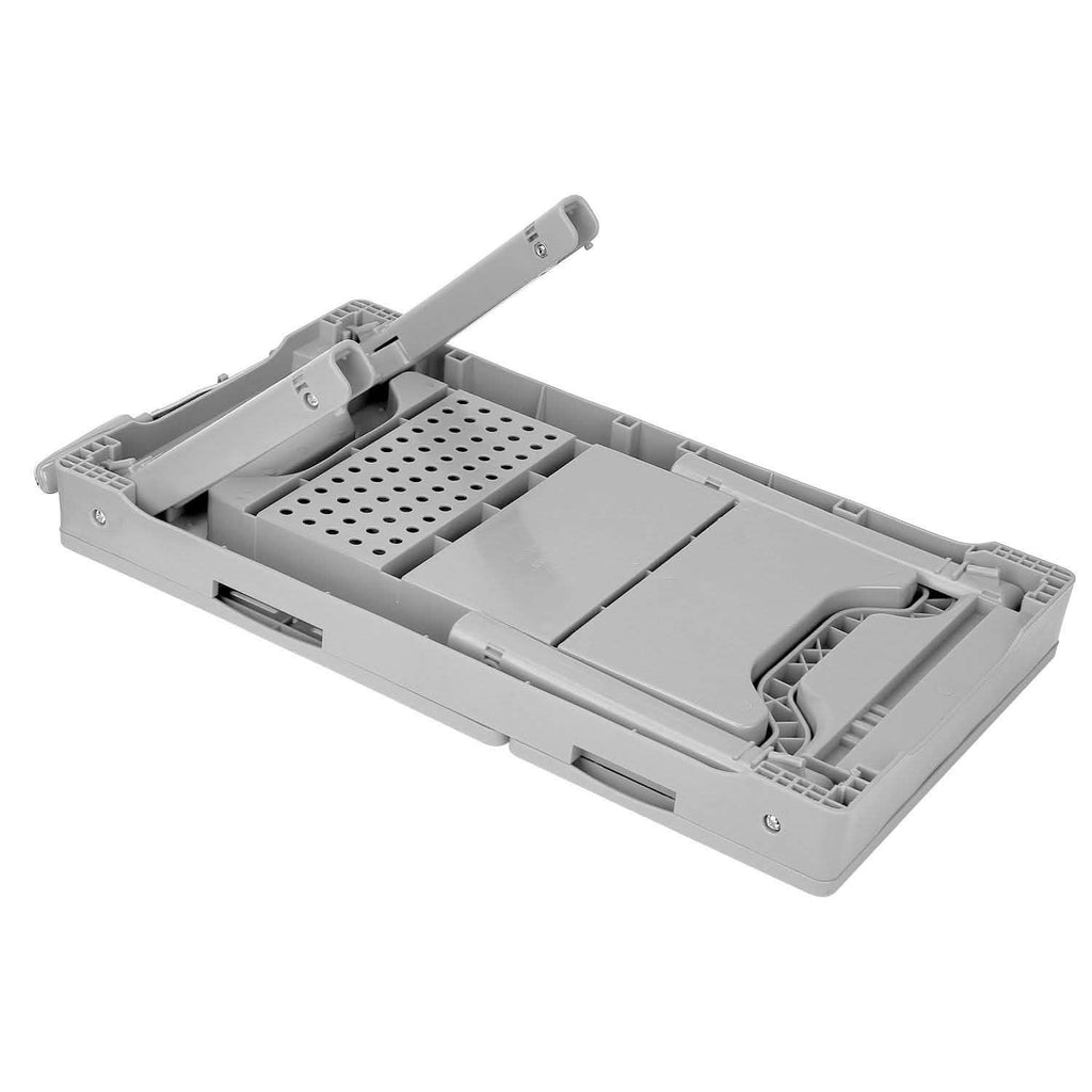 Gray foldable laptop table with perforated cooling panel and storage tray