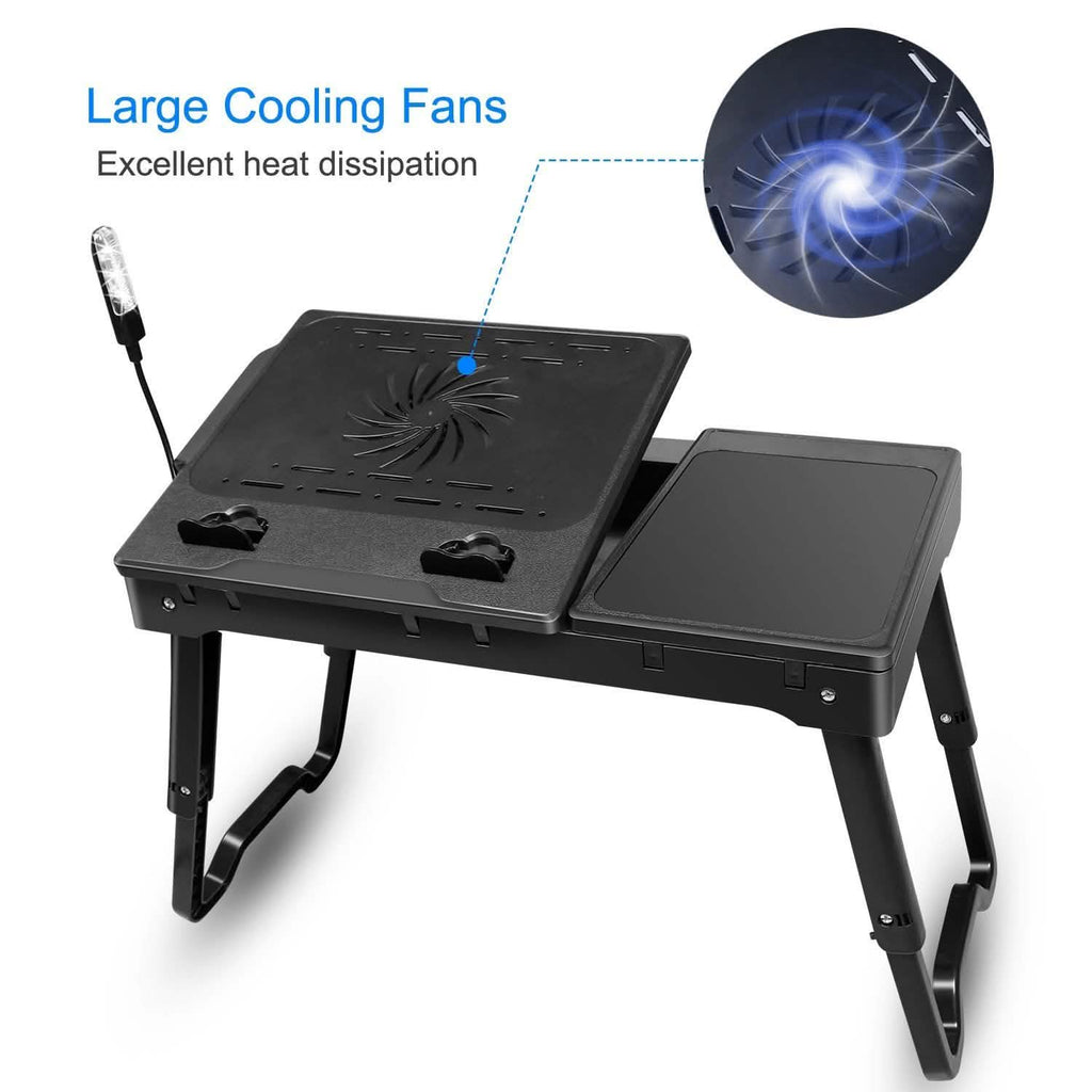 Black foldable laptop cooling fan table with fan grille and separate mouse platform