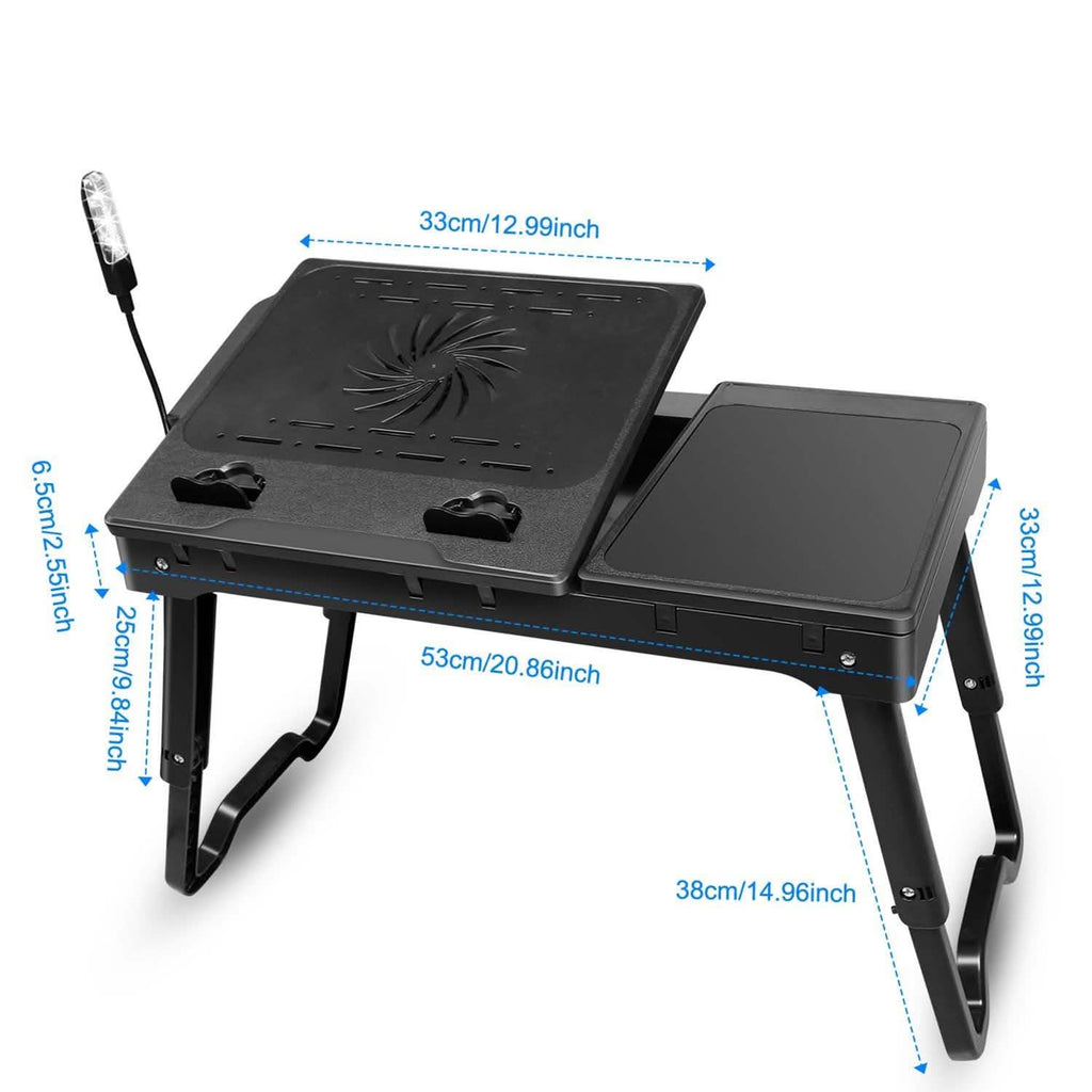 Foldable laptop cooling table with fan and mouse pad, dark top and adjustable legs