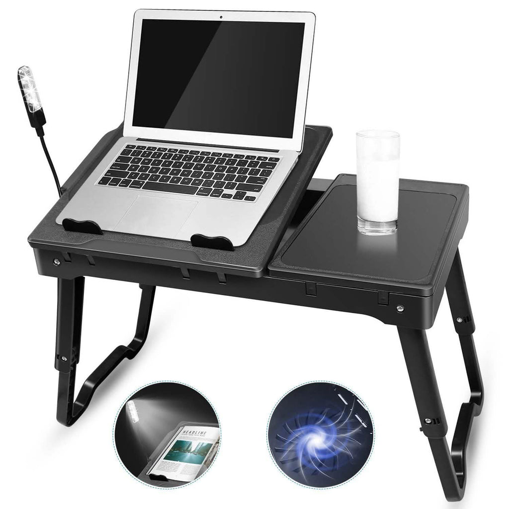 Black foldable laptop cooling fan table with integrated mouse pad and adjustable legs