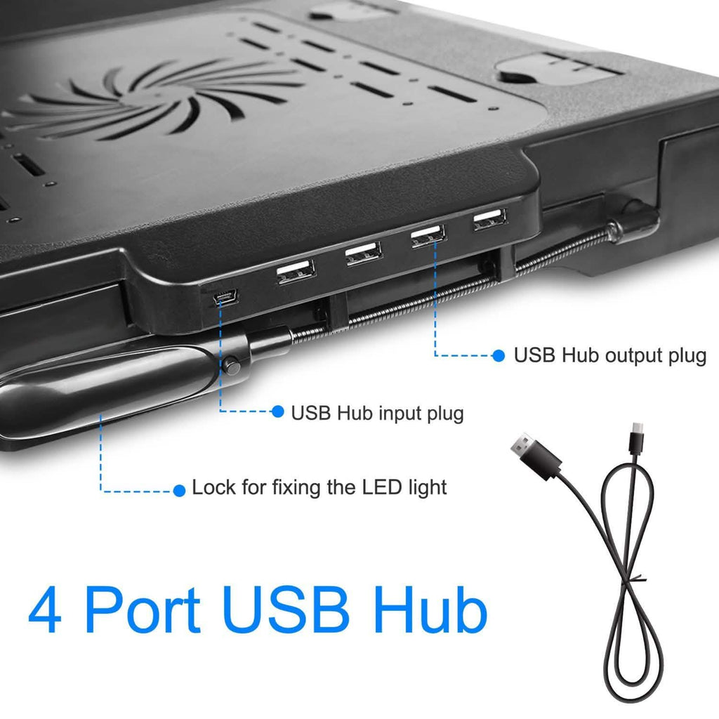 Laptop cooling table USB hub and cables with ports on the side panel