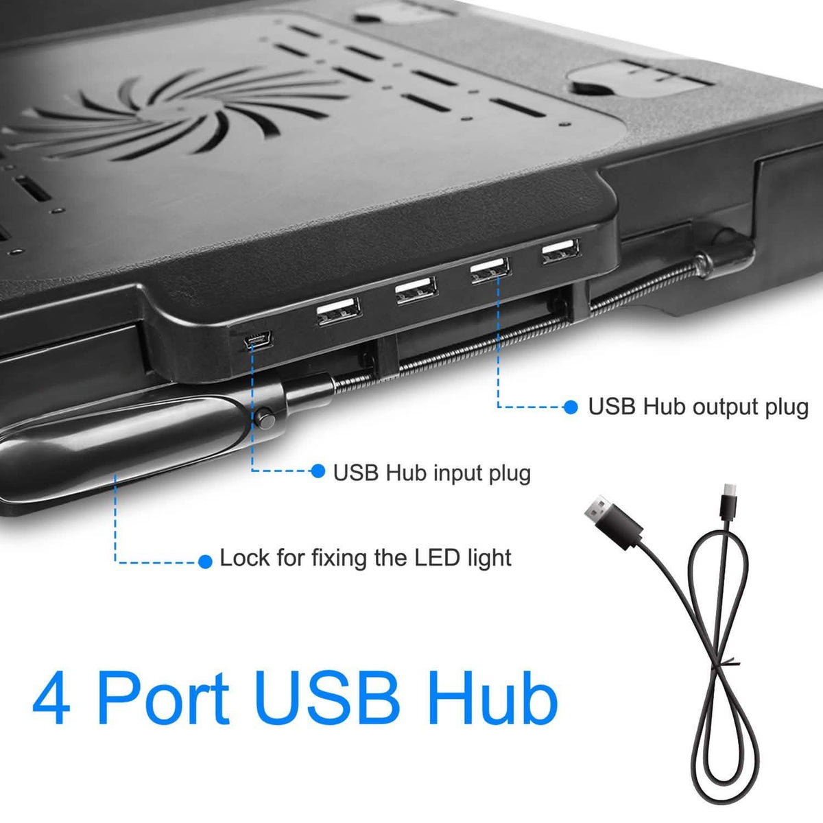 Laptop cooling table USB hub and cables with ports on the side panel