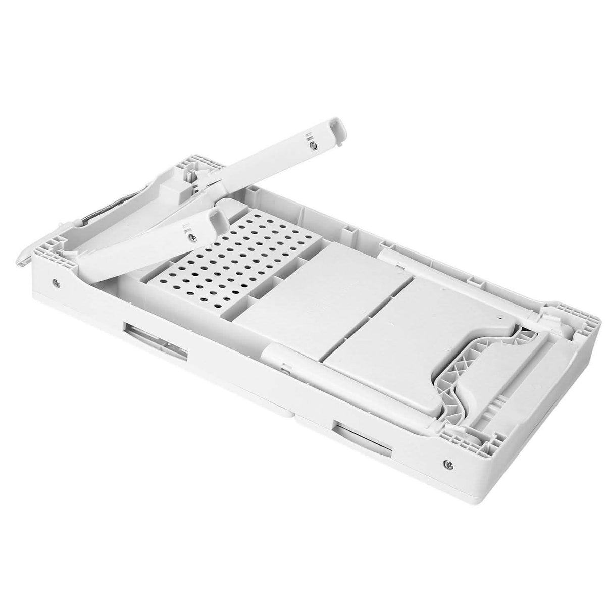 White foldable laptop desk with perforated cooling area and side compartments