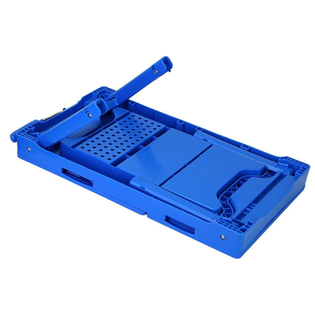 Blue underside of foldable laptop cooling fan table with ventilated base and supports