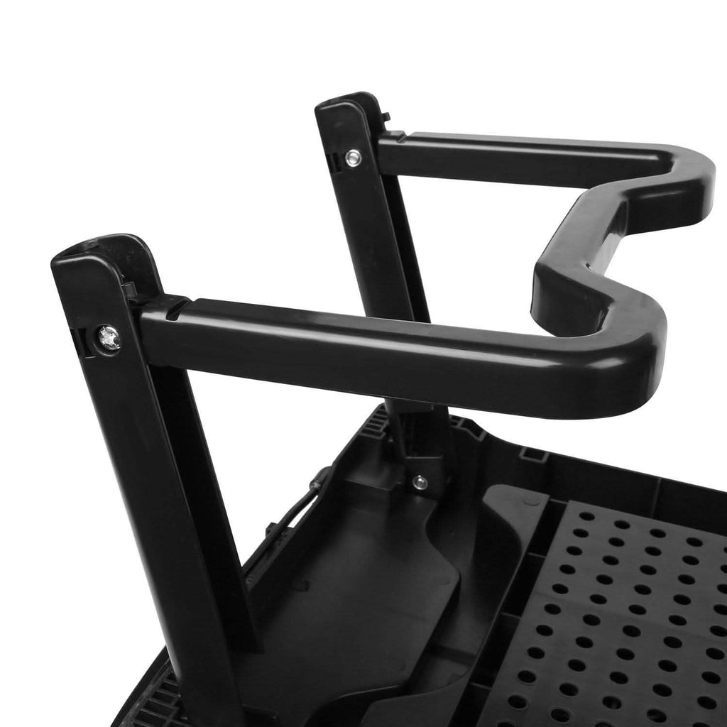 Black folding laptop table with adjustable frame and vented cooling platform