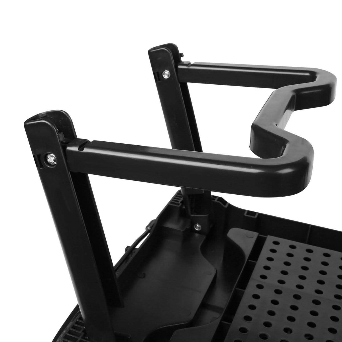 Black folding laptop table with adjustable frame and vented cooling platform