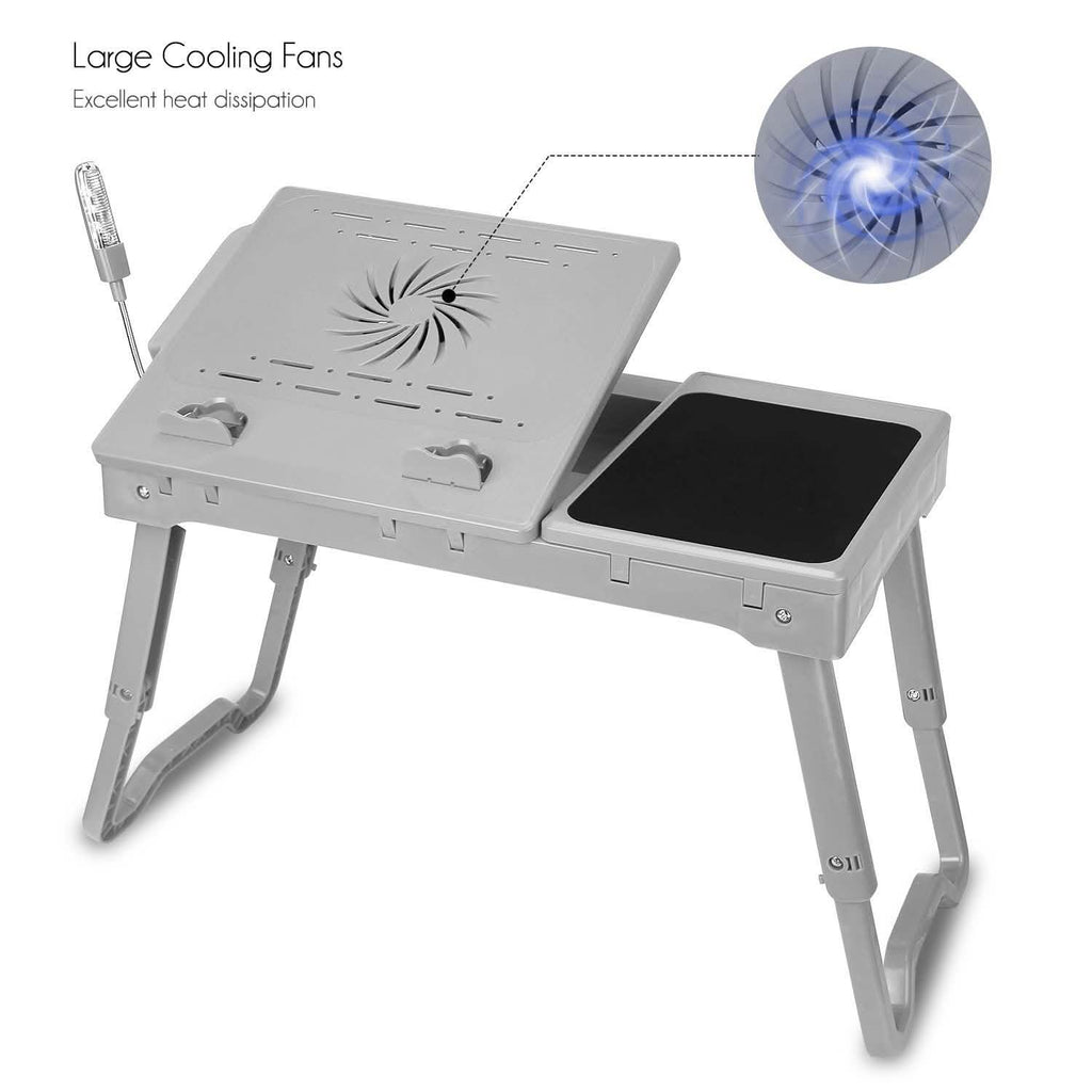 White foldable laptop desk with top cooling vent panel and integrated fan