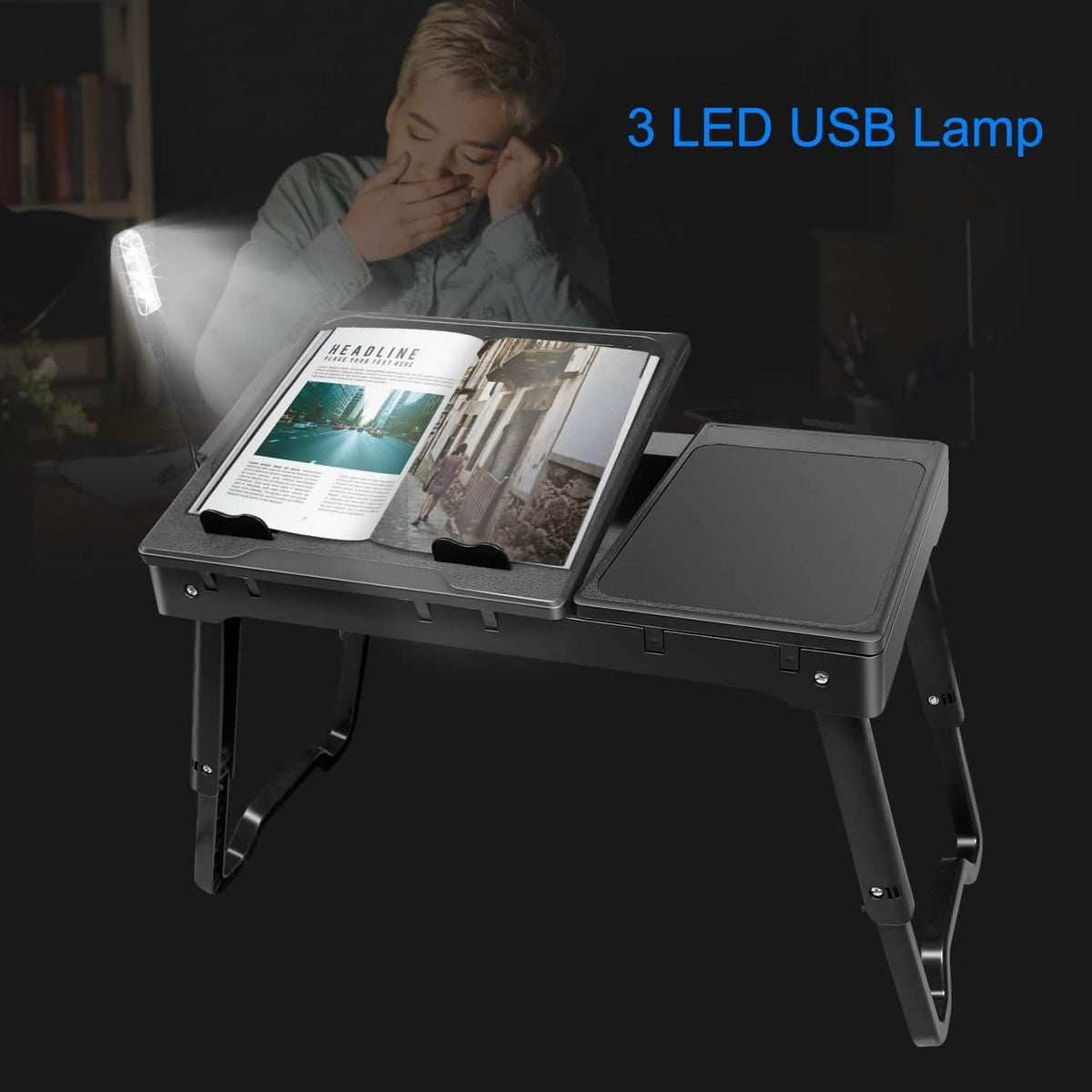 Foldable laptop cooling desk with built-in LED USB lamp and side storage tray