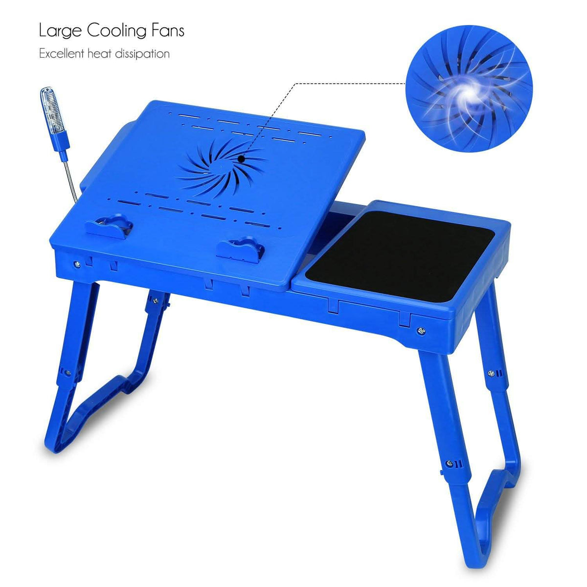Blue foldable laptop cooling fan table with fan grille and dark mouse pad