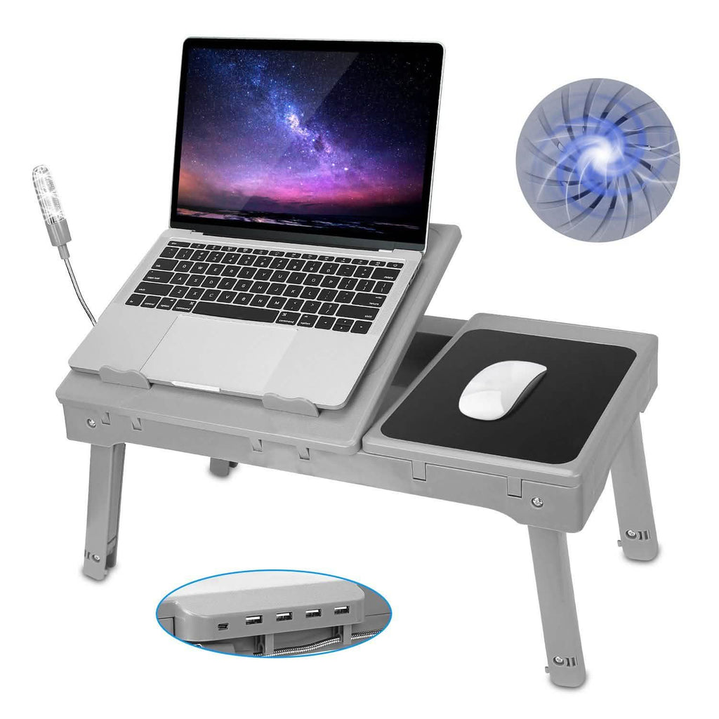 Gray foldable laptop desk with built-in fan and raised mouse platform