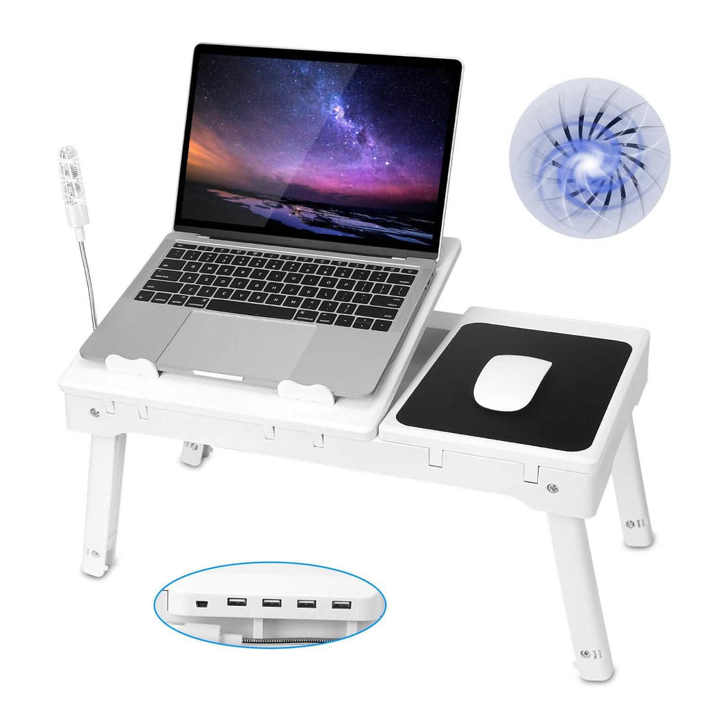White foldable laptop desk with laptop stand, mouse platform, and fan vent
