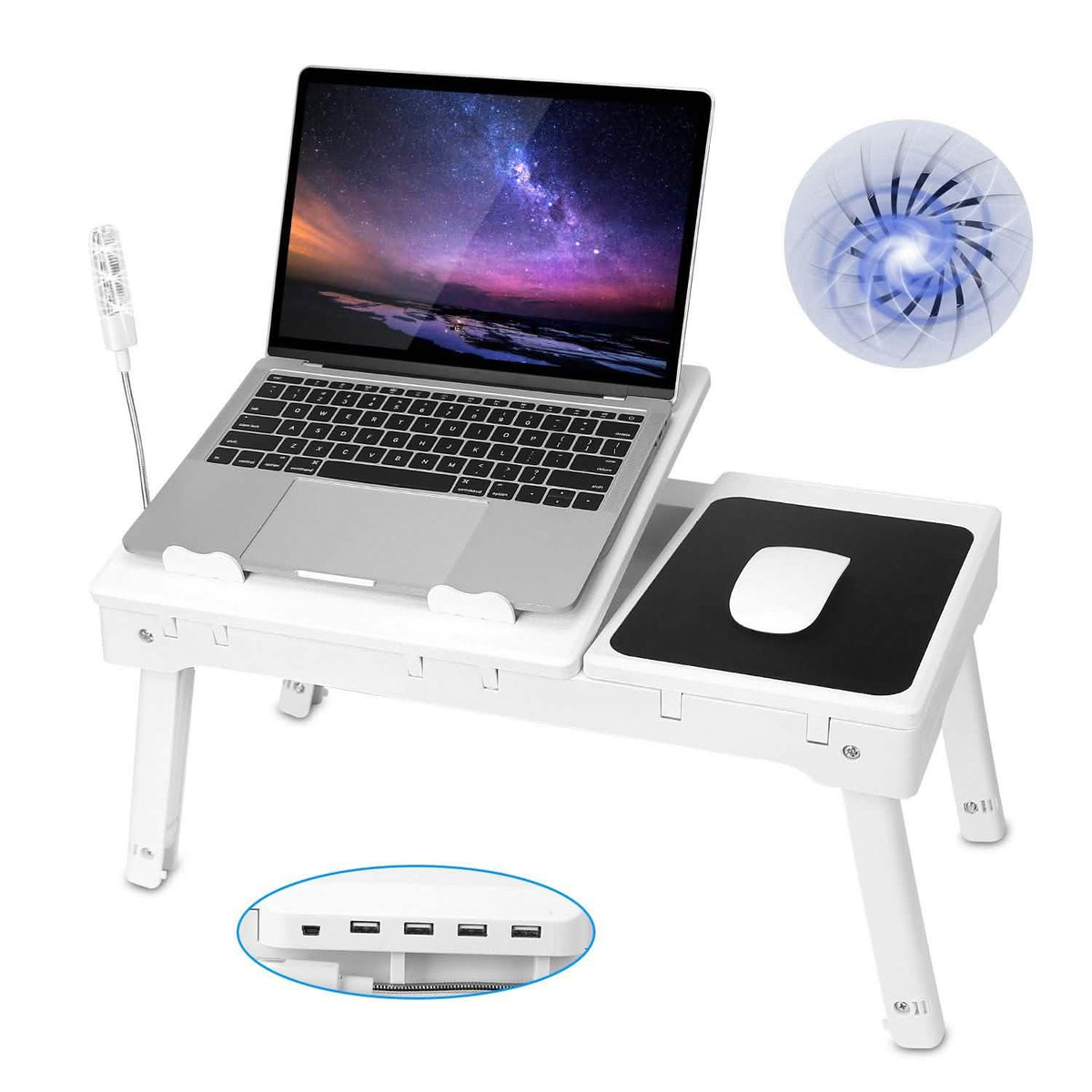 White foldable laptop desk with laptop stand, mouse platform, and fan vent