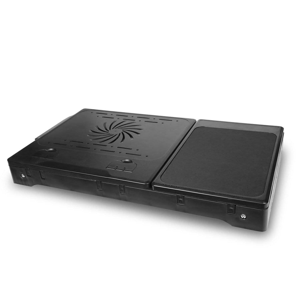 Black foldable laptop desk with perforated cooling panel and built-in fan