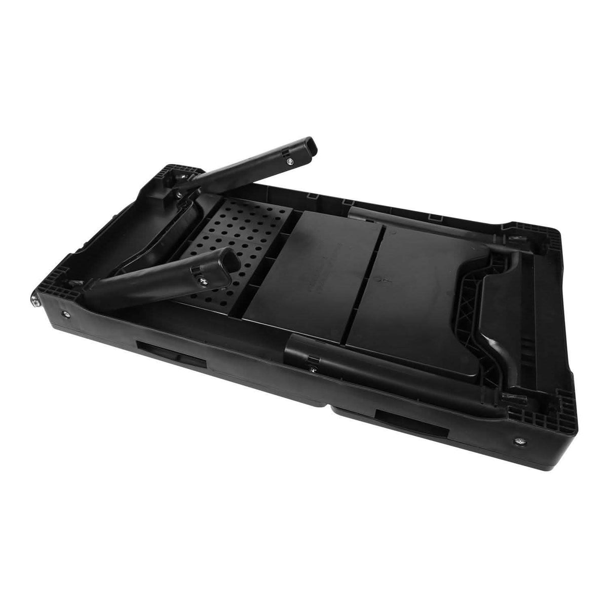 Black underside view of foldable laptop cooling fan table with ventilated panel