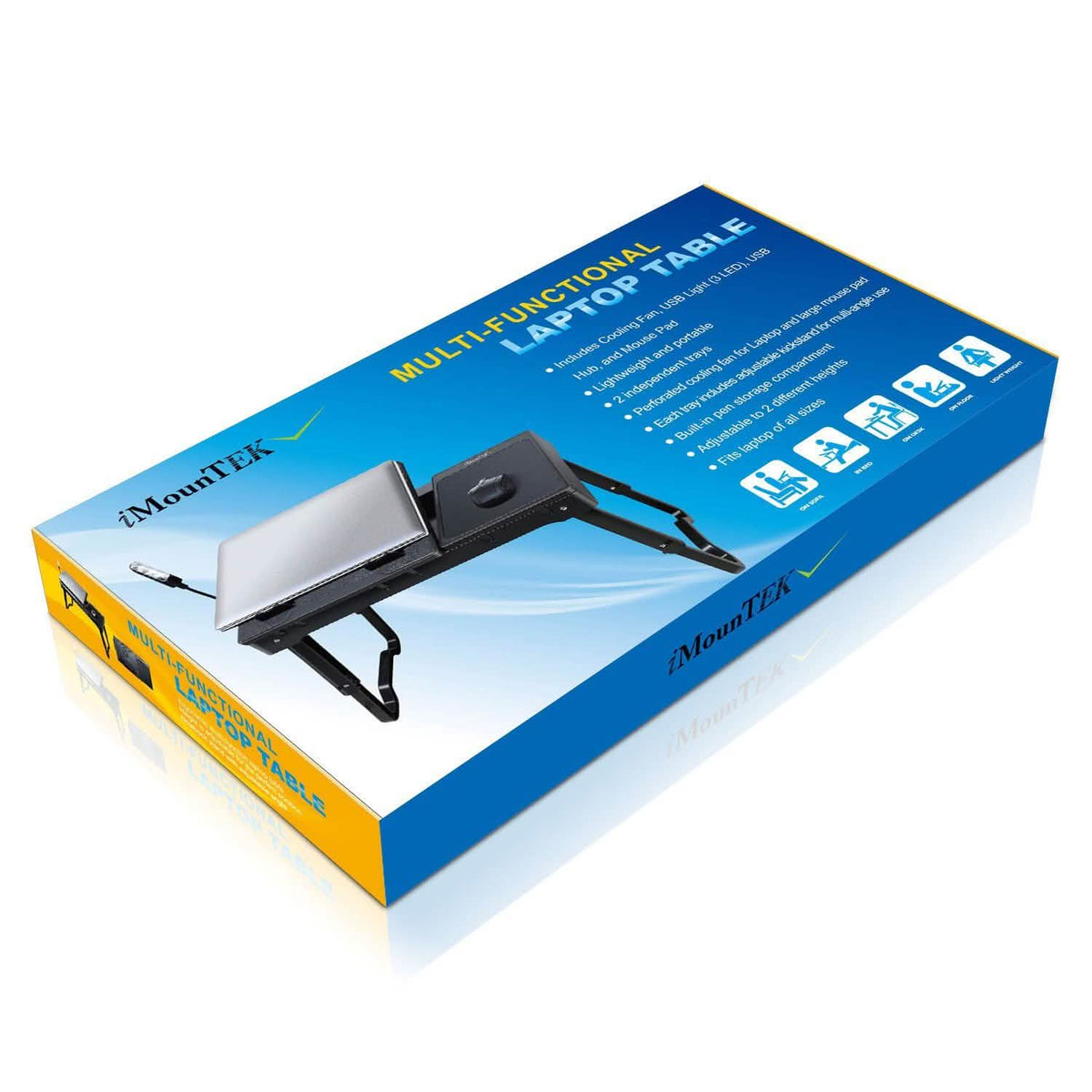 Retail box for foldable multi-function portable laptop cooling table with USB features