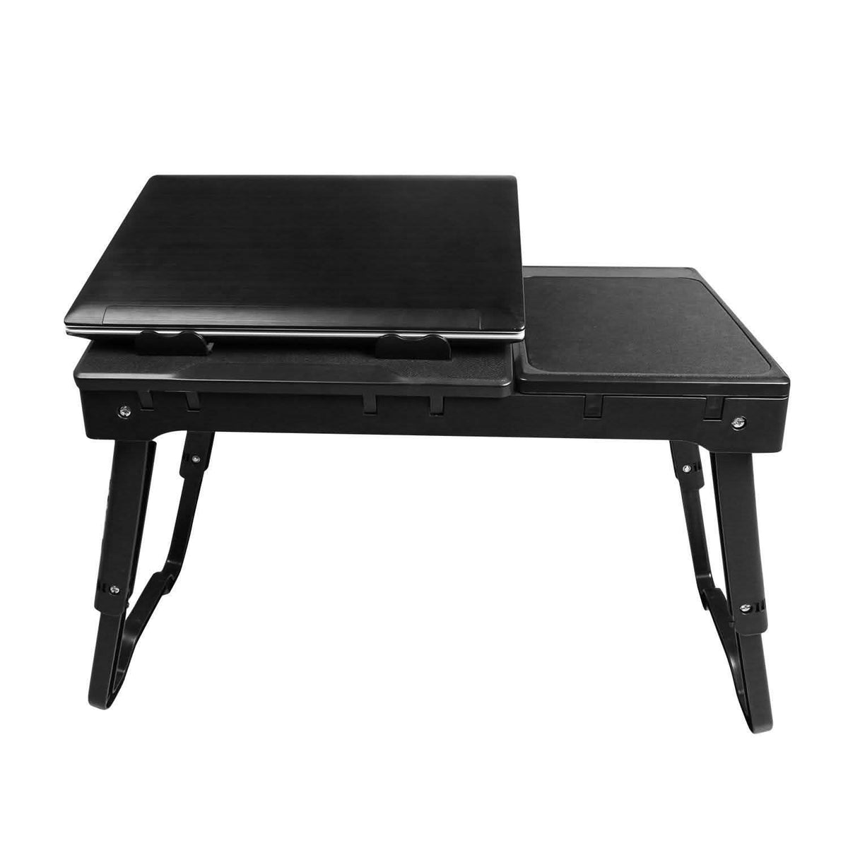 Black foldable laptop table with two hinged top surfaces and adjustable legs